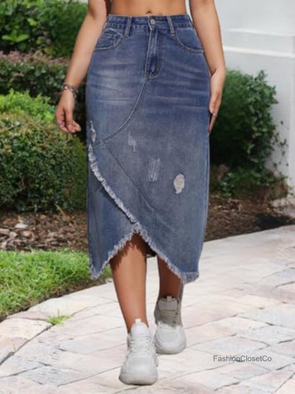 Women's Midi Jean Skirt Asymmetrical Raw Hem High Rise Stretch Denim Skirt - Picture 2 of 4